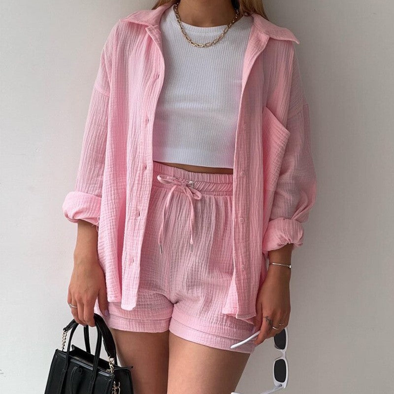 Ensemble Décontracté Chic – Chemise à Revers & Short Taille Haute