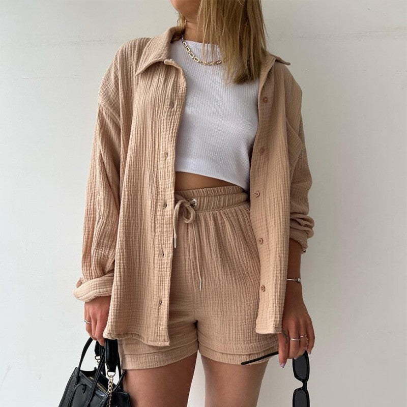 Ensemble Décontracté Chic – Chemise à Revers & Short Taille Haute
