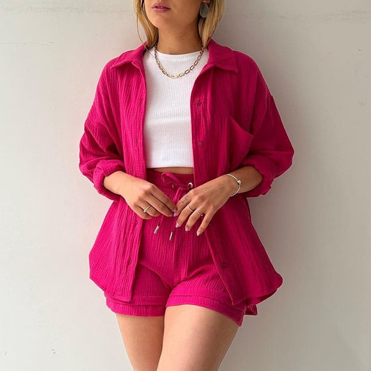 Ensemble Décontracté Chic – Chemise à Revers & Short Taille Haute
